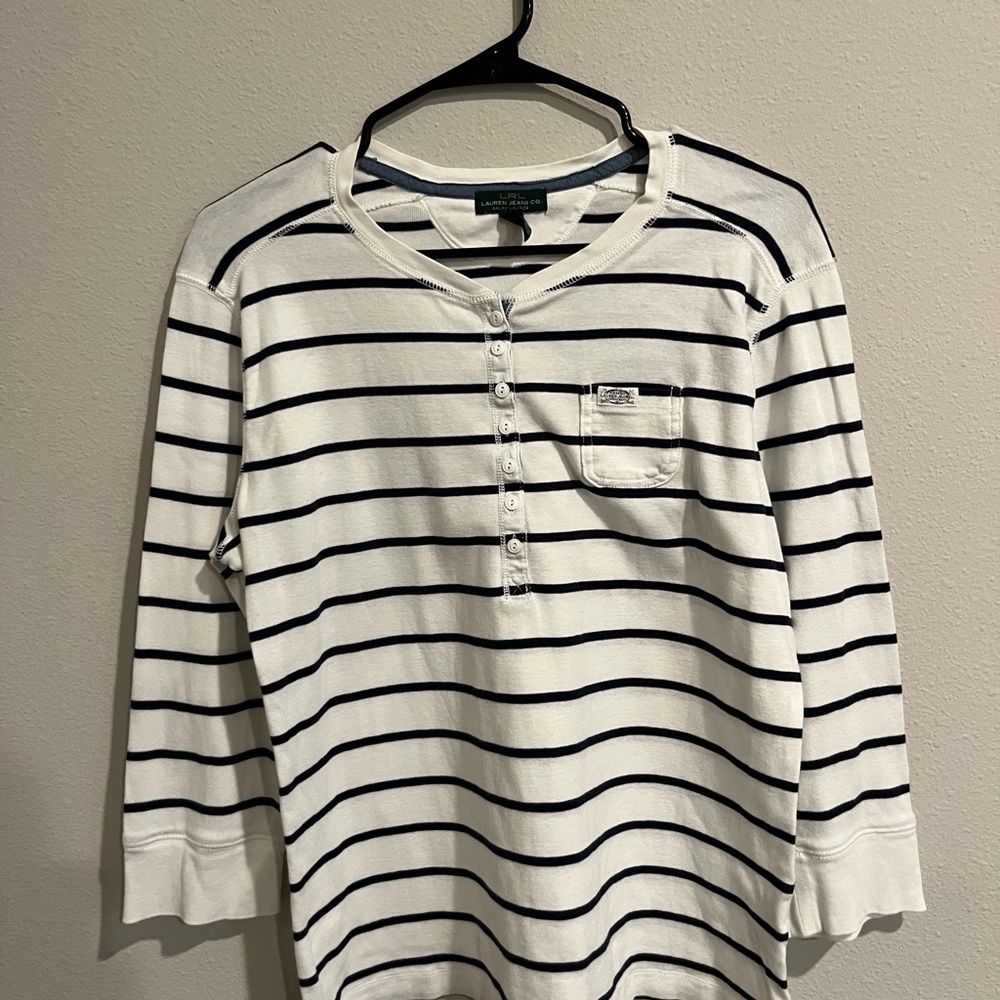 Lauren Ralph Lauren White and Black Striped Long Sleeve Tee